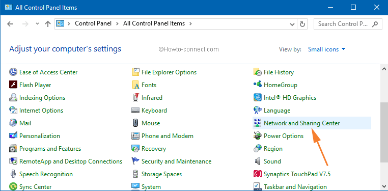 network and sharing center on control panel classic
