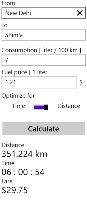 Fare Calculator Windows 8 App - Evaluate Fare, Fuel, Distance, Time