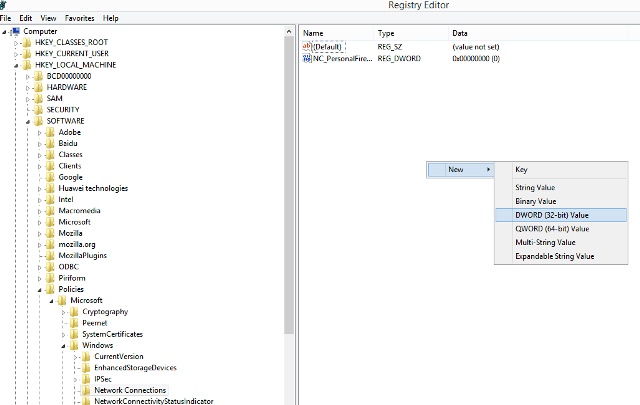 new dword value in registry editor Remove Yellow Mark from Network Icon on Windows 8 Taskbar
