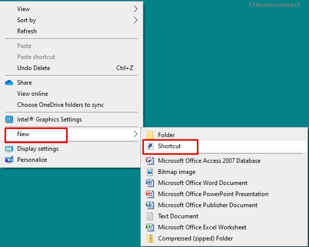 new shortcut desktop context menu