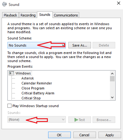 none option in drop down under sound tab in sound window none option in drop down under sound tab in sound window
