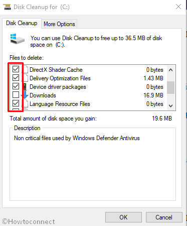 ok button in Disk cleanup window