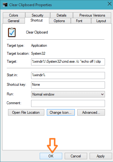 ok button on clear clipboard properties window to Create a Shortcut to Clear Clipboard Data in Windows 10