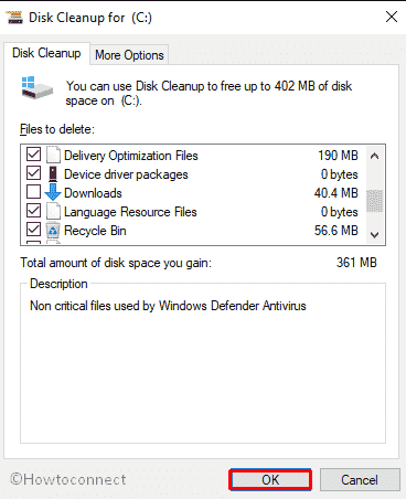 ok button on disk cleanup