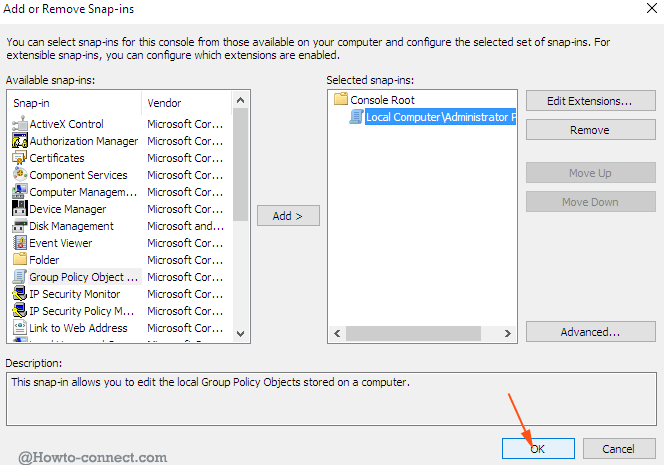 ok button on add or remove snap ins standalone