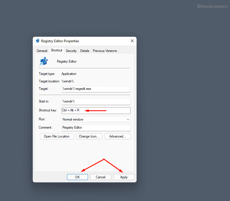 open Registry Editor in Windows 11 - create keyboard shortcut