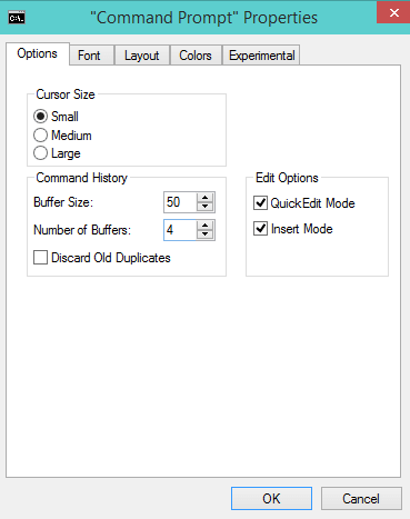 option tab on command prompt properties window