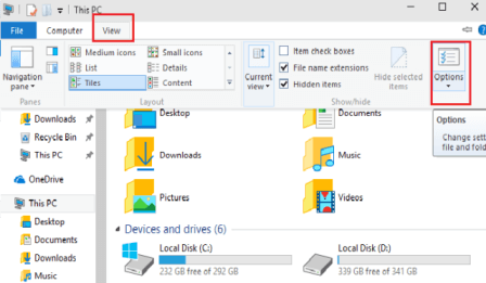 options button on file explorer ribbon in view tab options button on file explorer ribbon in view tab
