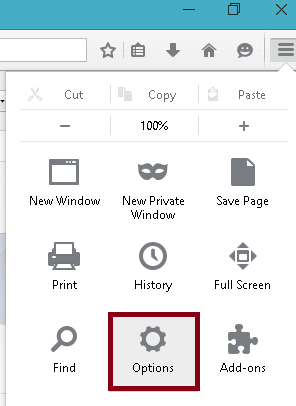 options icon on menu pop up in firefox