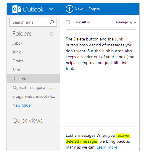 outlook.com deleted pane image