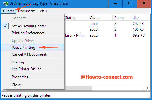 pause option in printer drop down