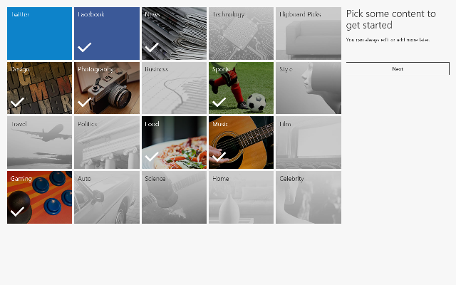 pick some content to get started Flipboard Windows 8 App - Read and Create your Own Magazine