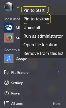 pin to start and pin to taskbar optios in right click ontext menu of google icon