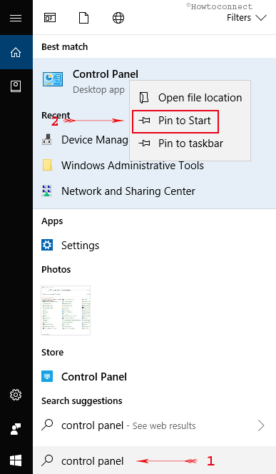 pin to start menu in control panel right click context