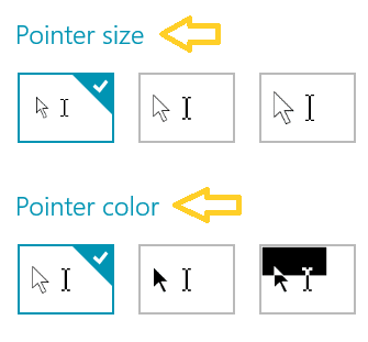 pointer size and pointer color tiles