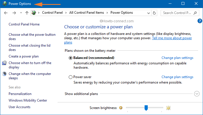 power option on hardware and sound window