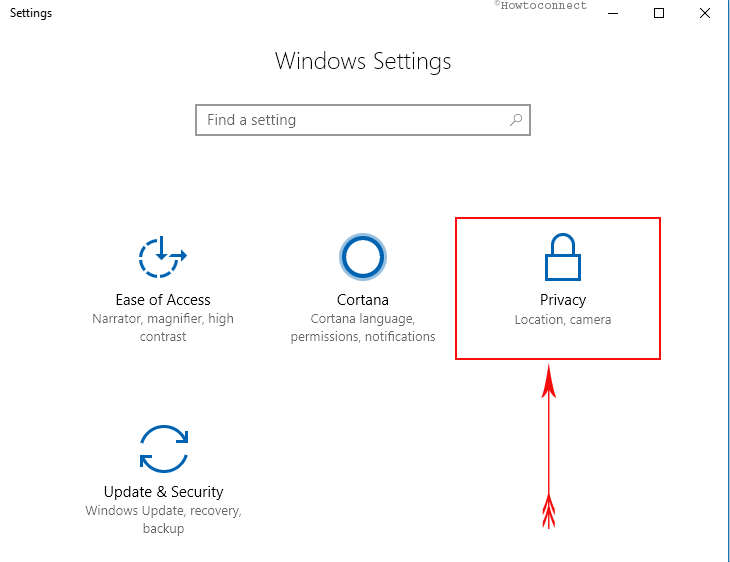 privacy category on the settings application window
