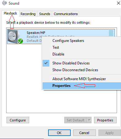 properties in the right click context menu of the sppeaker icon in playback tab of sound window