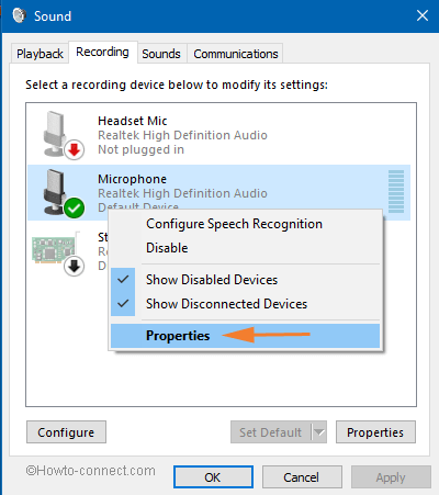 properties of the recording devices on windows 10