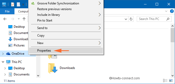 properties option in one drive context menu