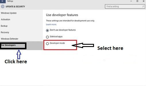 radio box to Open Developer Mode in Windows 10