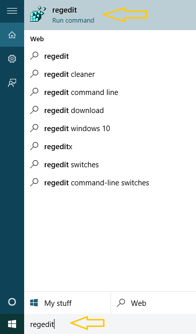 regedit command in Cortana search