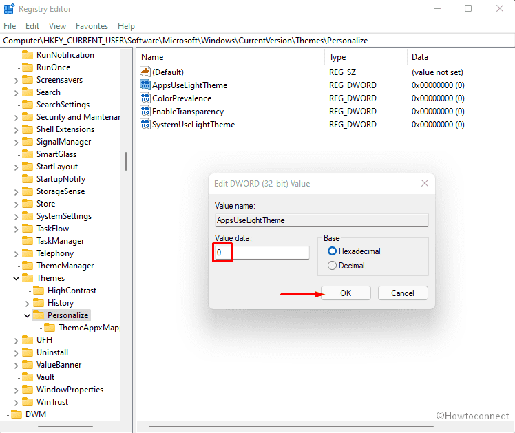 regedit to enable dark mode in Windows 10