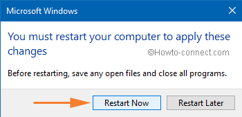 restart now button to apply changes on windows 10