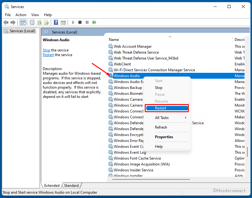 restart windows audio service
