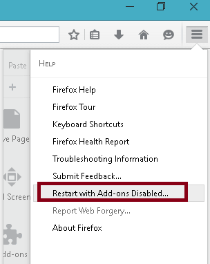 restart with add-ons disabled on help pop up in firefox