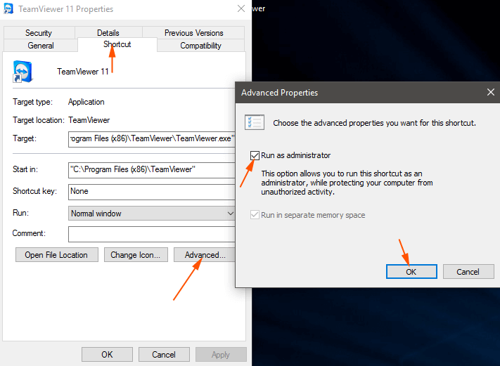 run as administrator advanced shortcut teamviewer