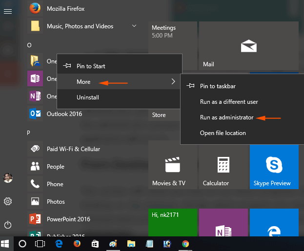 Run as administrator icon on right click context menu on onedrive option in start menu