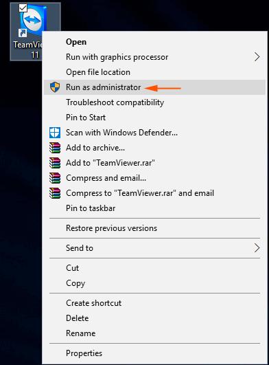 Run as administrator option on right click context menu on teamviewer