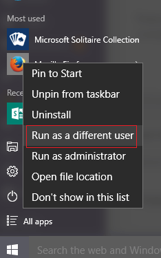 run as different user windows 10