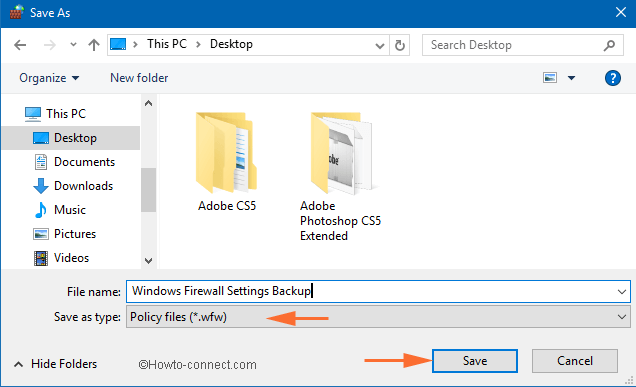 save as windowsfirewallsettingsbackup window