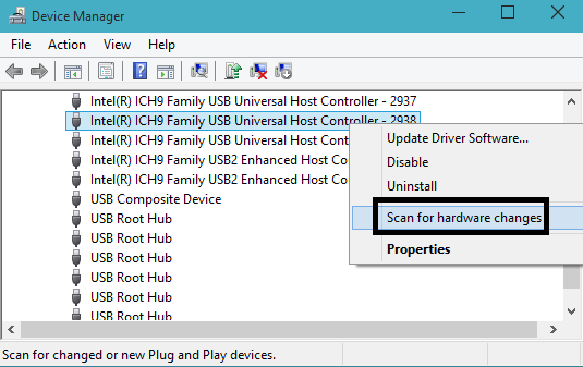 scan for hardware changes option on device manager