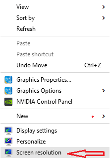 screen resolution menu at the bottom of context menu