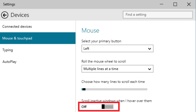 scroll inactive windows to off on windows 10