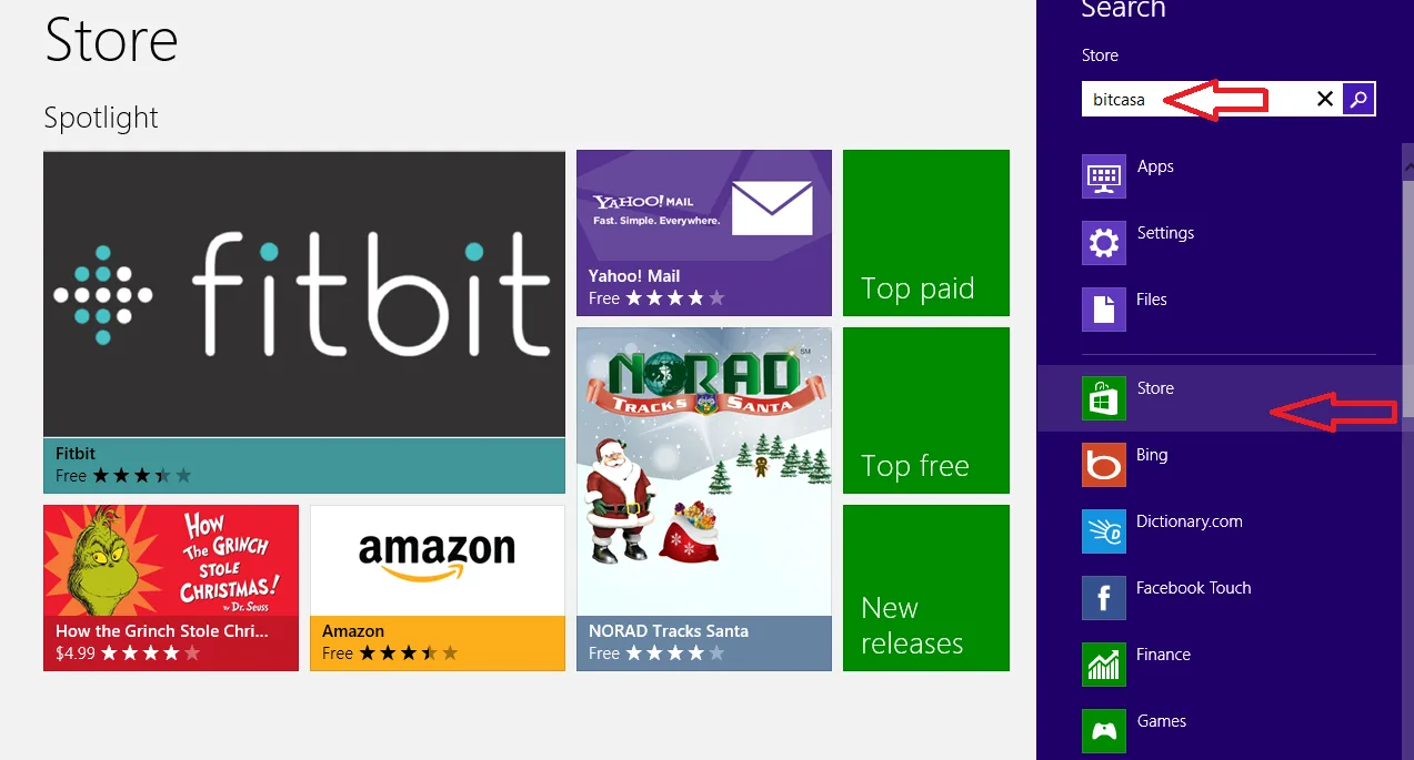 search bitcasa app from windows store