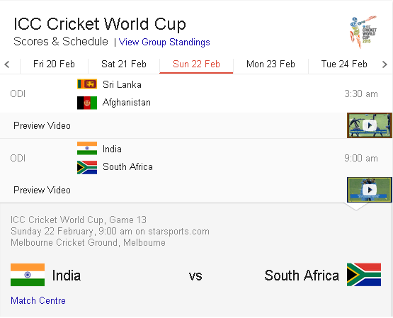 search result of cricket in google