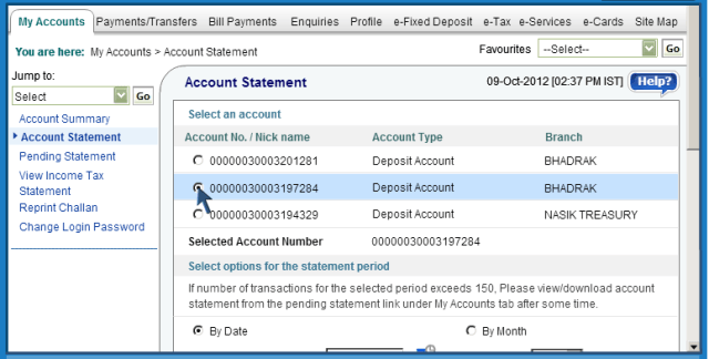 select your account number How to get Account Statements through SBI Internet Banking
