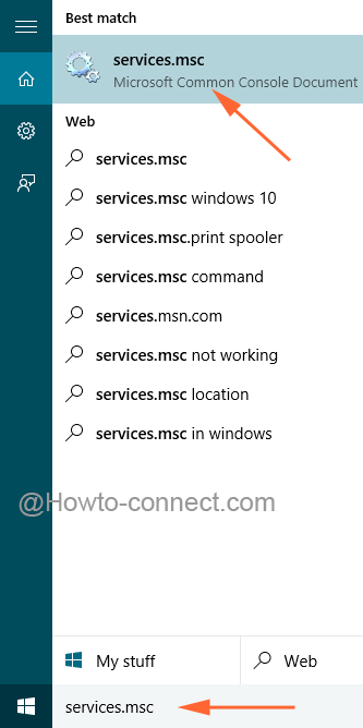 services.msc command at the Cortana search in Windows 10