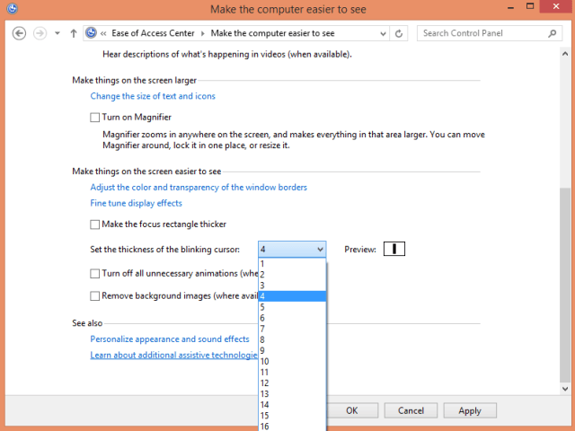 set thickness of the blinking cursor Decrease Cursor Thickness on Windows 8