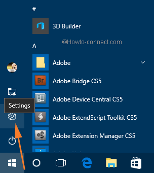 Settings icon on the start menu of windows 10 below file explorer