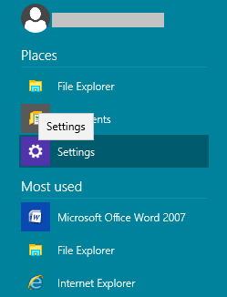 settings on start menu on windows 10
