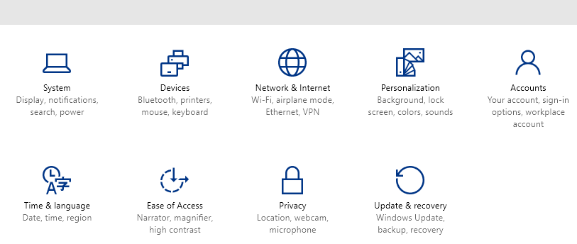 settings window in settings in Windows 10 Build 9926