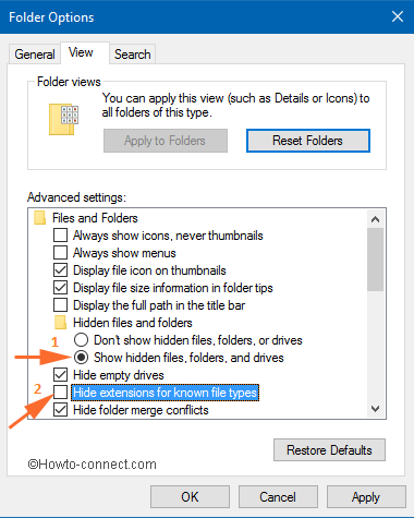 show hidden files check box on view tab of folder option
