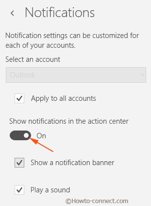 show notifictions in action center mail app