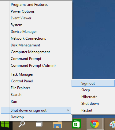 Sign out, Lock Windows 10 through Start, Power User Menu