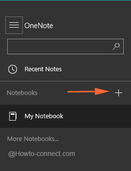 + sign with Notebooks option to add another Notebook in Windows 10 OneNote app